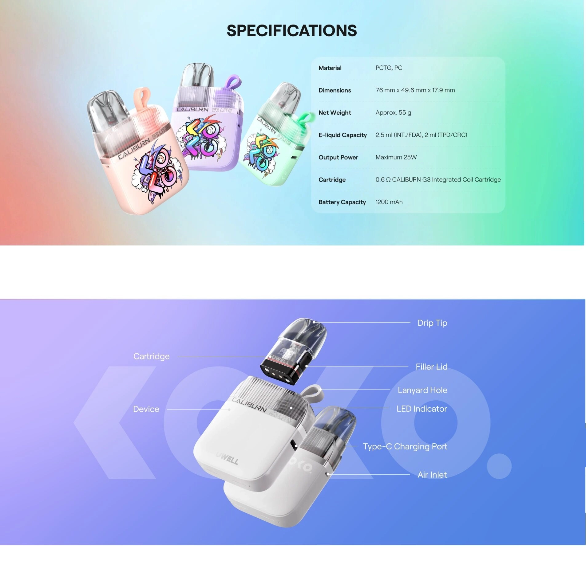 Uwell Caliburn G3 Lite KOKO Kit + Cartridge - Image 3